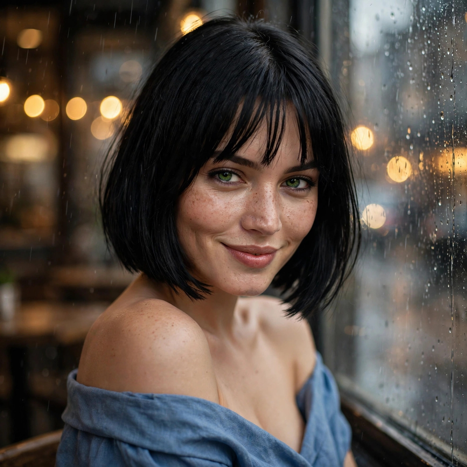 Illustrated portrait of Elodie beside a rainy café window