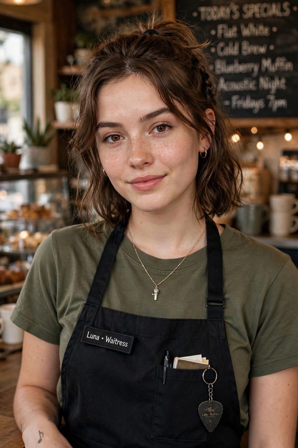 Portrait of Iris in a café