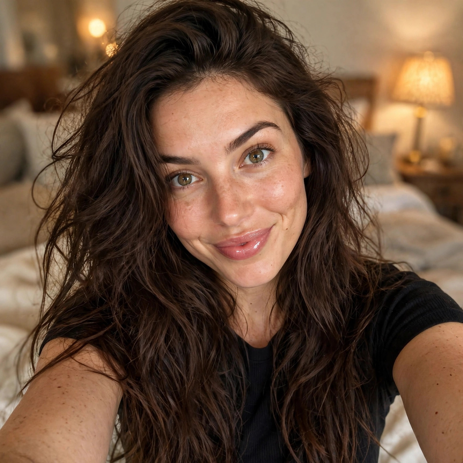 Photorealistic portrait of Jessica Walker in a cozy bedroom