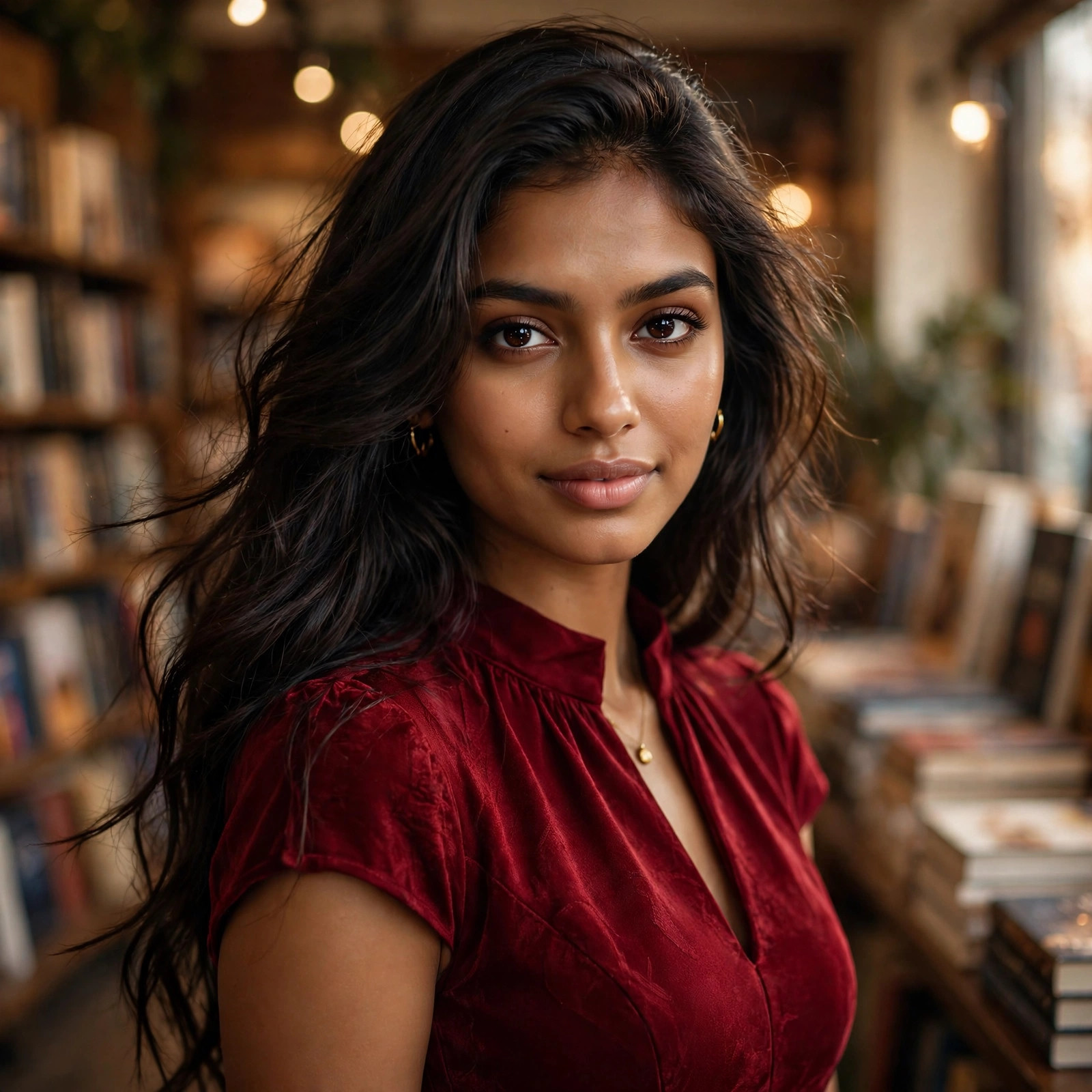 Illustrated portrait of Mara in a bright bookshop